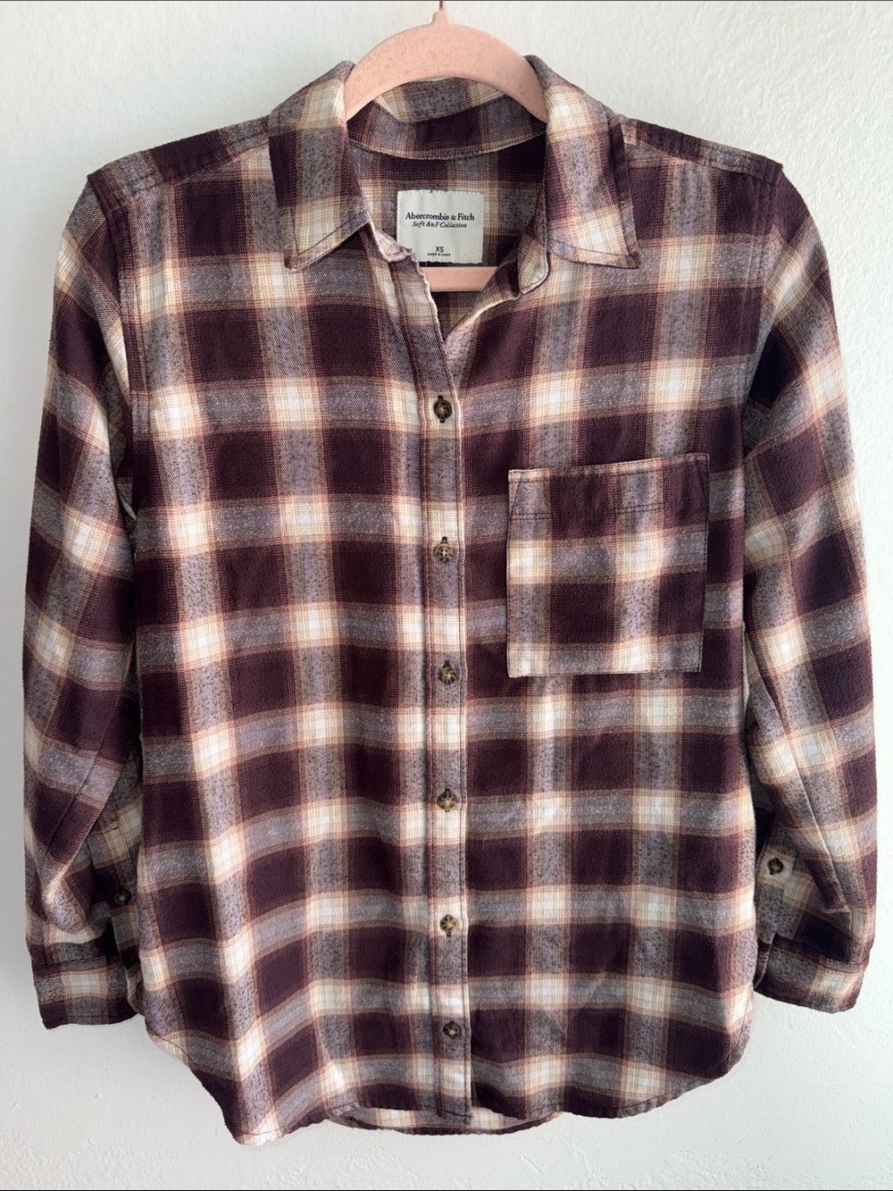 Abercrombie & Fitch SOFT A&F Plaid Button Down Flannel Shirt Burgundy Cream XS